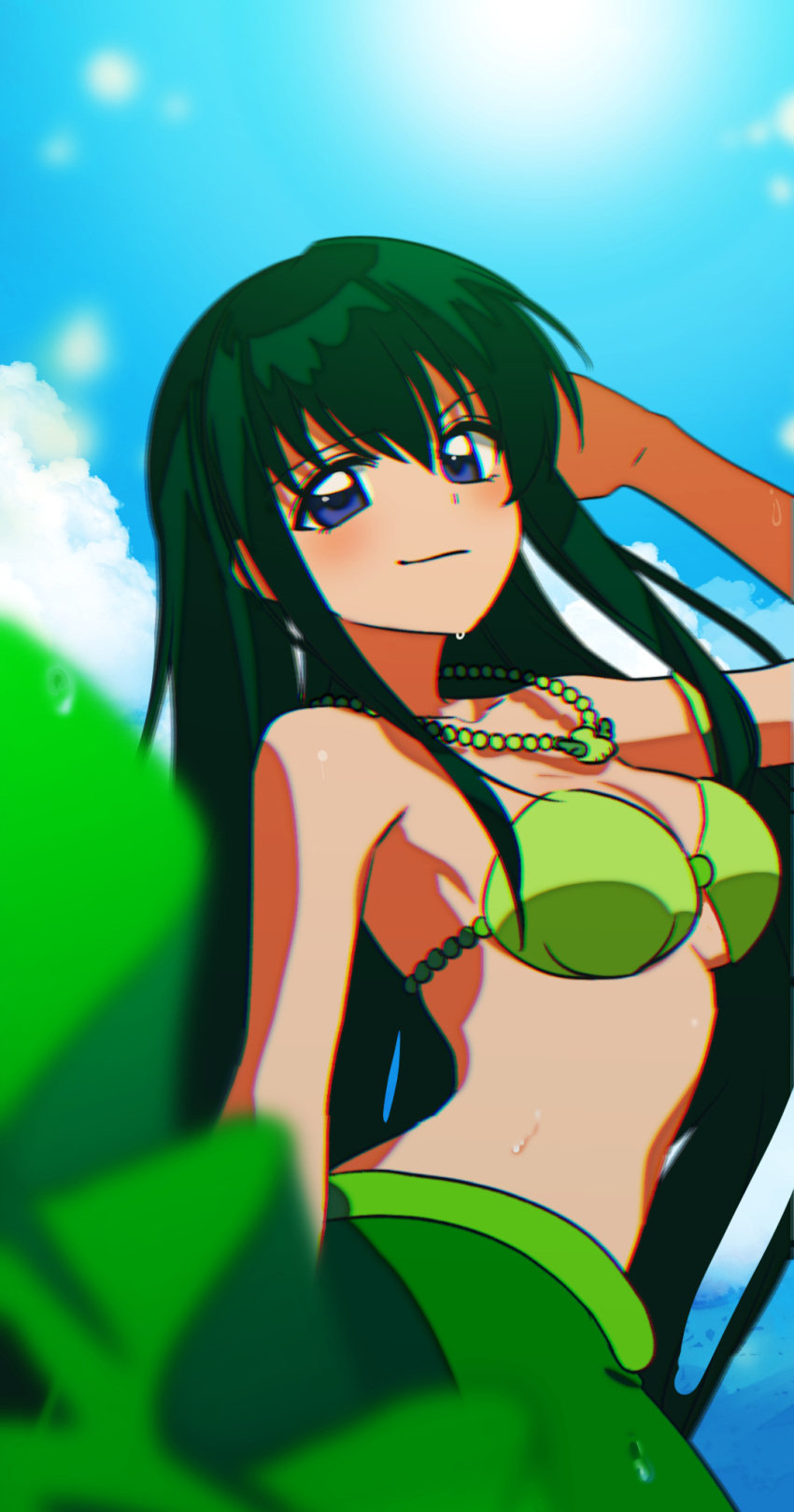 1girl blue_background blue_eyes blue_sky bra bracelet breasts closed_mouth cloud earrings fish_tail green_bra green_hair hair_between_eyes hair_ornament hand_up highres in_water jewelry long_hair looking_at_viewer mermaid mermaid_melody_pichi_pichi_pitch monster_girl nana_yume87 necklace ocean pearl_bracelet pearl_necklace shell shell_bikini shiny sky smile solo sunlight tail touin_rina underwear