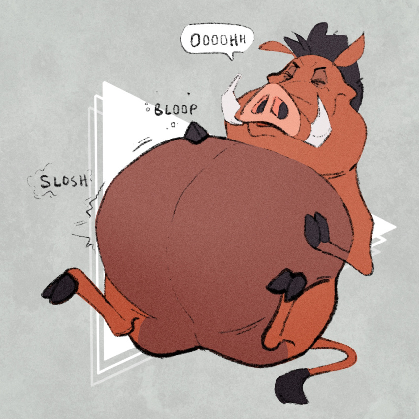 2022 abdominal_bulge belly big_belly buhk digestion disney eyes_closed feral fur hand_on_stomach hi_res hooves male mammal pumbaa soft_vore solo sound_effects speech_bubble suid suina text the_lion_king tusks vore warthog