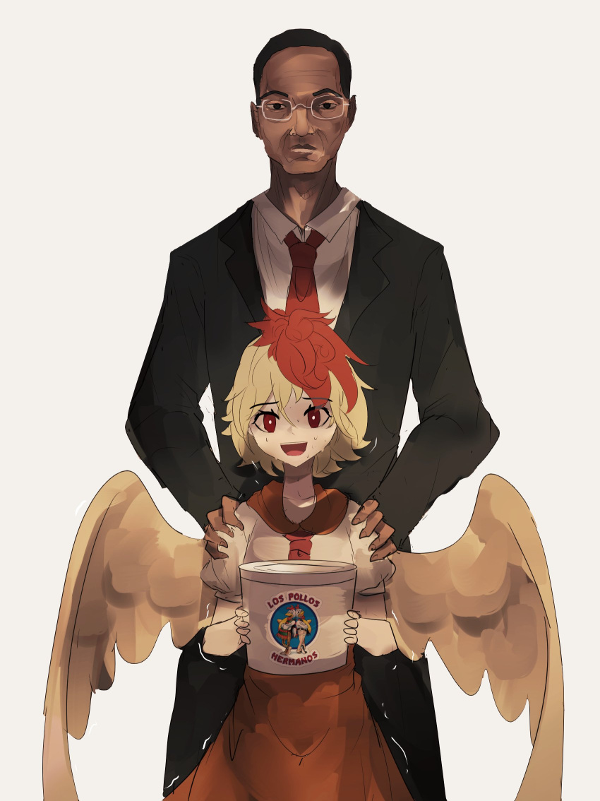 1boy 1girl bird bird_wings black_suit blonde_hair breaking_bad bright_pupils brown_eyes chicken collared_shirt cropped_legs dark-skinned_male dark_skin dress expressionless eyebrows_visible_through_hair formal glasses gustavo_fring hair_between_eyes hands_on_another's_shoulders height_difference highres holding logo long_sleeves looking_at_viewer loose_necktie los_pollos_hermanos multicolored_hair naufaldreamer necktie nervous nervous_smile niwatari_kutaka old old_man open_mouth orange_dress puffy_short_sleeves puffy_sleeves red_eyes red_hair red_necktie shirt short_sleeves simple_background solo standing suit sweat sweating_profusely teeth touhou trembling two-tone_hair white_background white_pupils white_shirt wings yellow_wings