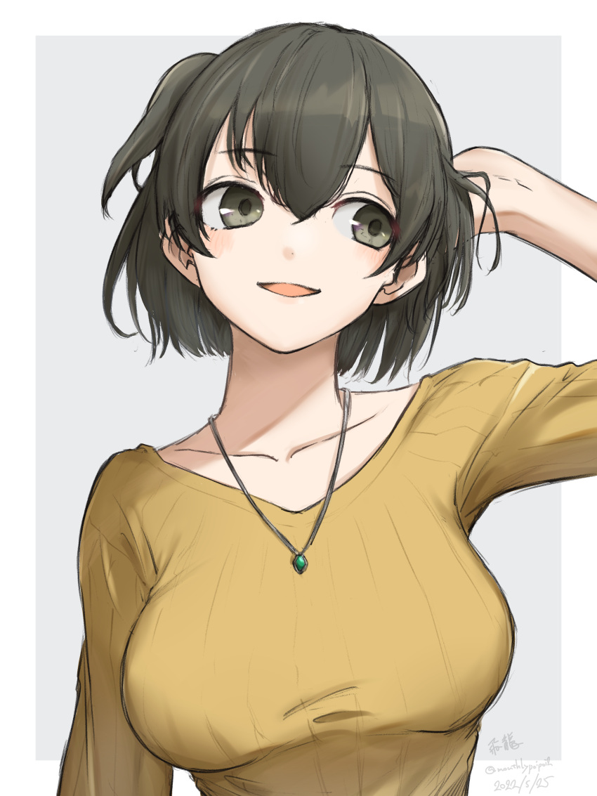 1girl absurdres bangs black_eyes black_hair blush breasts character_name commentary dated eyebrows_visible_through_hair gem green_gemstone hand_in_own_hair highres hiryuu_(kancolle) jewelry kantai_collection large_breasts looking_to_the_side necklace official_alternate_costume one_side_up orange_sweater parted_lips short_hair simple_background solo sweater twitter_username two-tone_background umibudou upper_body yellow_sweater
