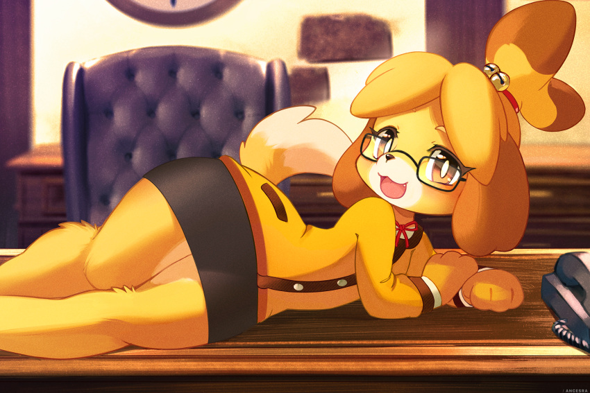 1girl :3 ancesra animal_crossing animal_ears animal_hands animal_nose arm_support bangs bell bespectacled black-framed_eyewear black_skirt blonde_hair blurry blurry_background blush body_fur bright_pupils brown_hair buttons chair corded_phone desk dog_ears dog_girl dog_tail fang flat_chest furry furry_female glasses hair_bell hair_ornament hair_tie happy highres indoors isabelle_(animal_crossing) jacket jingle_bell legs_together long_sleeves looking_at_viewer lying miniskirt multicolored_hair neck_ribbon non-web_source on_desk on_side open_mouth parted_bangs pencil_skirt phone pocket red_ribbon ribbon shirt short_hair skirt smile snout solo tail tongue topknot two-tone_fur two-tone_hair white_fur white_pupils white_shirt wide_hips yellow_eyes yellow_fur yellow_jacket