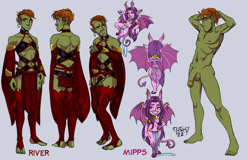 absurd_res clothed clothing collar crossdressing duo facial_piercing female flaccid genitals girly half-orc hi_res hooves horn humanoid imp male mister_d model_sheet nipple_piercing nipple_ring nipples nose_piercing nude orc penis piercing pink_body pink_skin skimpy spade_tail stirrup_stockings tusks wings