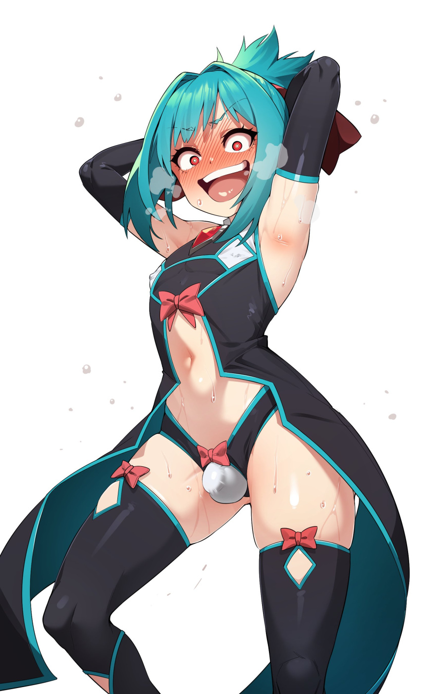 1boy absurdres armpits arms_up ass_visible_through_thighs blue_hair blush bow bulge commentary commission covered_nipples elbow_gloves eyebrows_visible_through_hair feet_out_of_frame gem gloves hair_intakes highres in_(ain) looking_at_viewer navel open_mouth original otoko_no_ko ponytail red_eyes simple_background sleeveless solo sweat teeth thighhighs tongue white_background