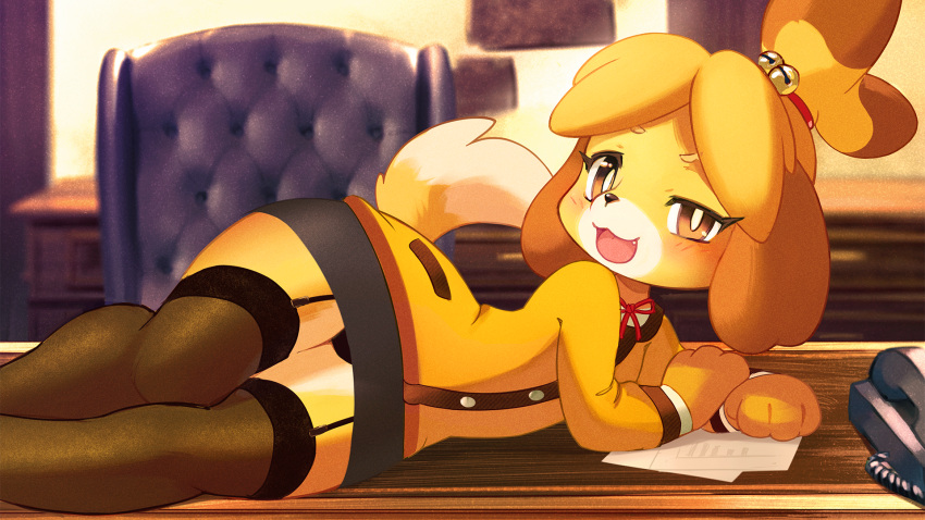 1girl :3 ancesra animal_crossing animal_ears animal_hands animal_nose arm_support bangs bell black_legwear black_panties black_skirt blonde_hair blurry blurry_background blush body_fur bright_pupils brown_hair buttons chair commentary corded_phone desk dog_ears dog_girl dog_tail english_commentary fang flat_chest furry furry_female garter_straps hair_bell hair_ornament hair_tie half-closed_eye happy highres indoors isabelle_(animal_crossing) jacket jingle_bell legs_together long_sleeves looking_at_viewer lying miniskirt multicolored_hair neck_ribbon non-web_source on_desk on_side open_mouth panties pantyshot paper parted_bangs pencil_skirt phone pocket red_ribbon ribbon shirt short_hair skirt smile snout solo tail thighhighs tongue topknot two-tone_fur two-tone_hair underwear uneven_eyes upskirt white_fur white_pupils white_shirt wide_hips yellow_eyes yellow_fur yellow_jacket