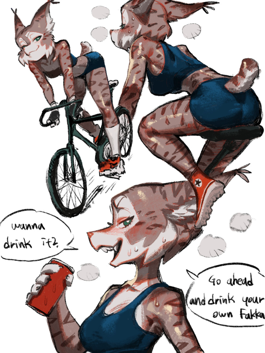 absurd_res anthro athletic_wear beverage bicycle bicycle_seat bike_shorts blush bobcat bodily_fluids bottomwear bra breasts clothed clothing cycling digital_media_(artwork) exercise fangs felid feline female footwear fur goatdraw green_eyes hi_res looking_at_viewer lynx mammal open_mouth rear_view shoes shorts simple_background smile solo speech_bubble sports_bra sweat teeth text tight_clothing topwear underwear workout_clothing