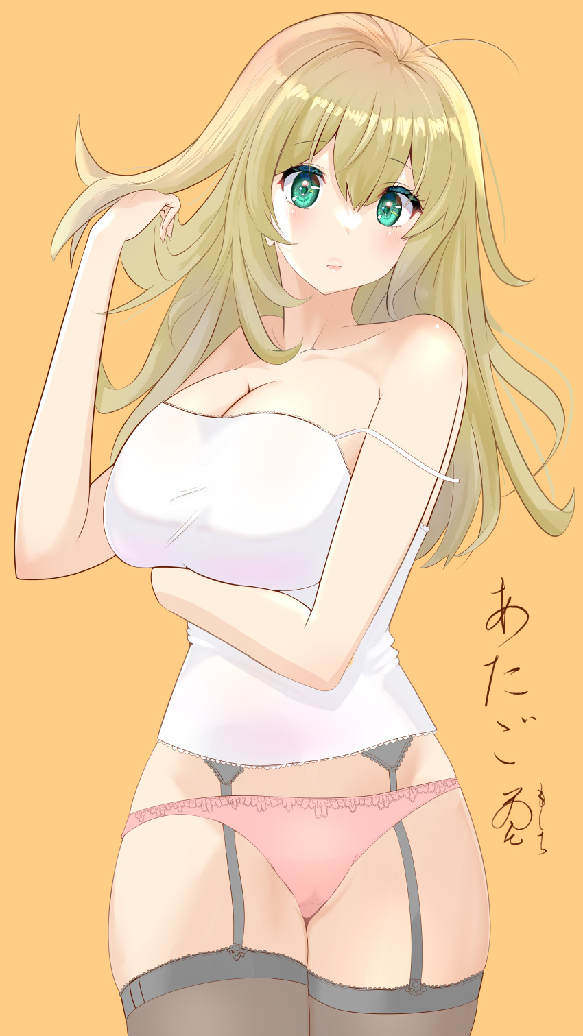 1girl absurdres ahoge atago_(kancolle) black_legwear blonde_hair blush breasts camisole character_name check_rating cleavage eyebrows_visible_through_hair garter_straps green_eyes highres kantai_collection large_breasts long_hair looking_at_viewer orange_background panties pink_panties sakurai_nana_(moshichi) simple_background solo thighhighs underwear underwear_only white_camisole