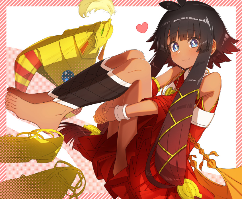 1girl ahoge armpits barefoot black_hair blue_eyes conductor_of_nephthys dark-skinned_female dark_skin detached_sleeves dress duel_monster dutch_angle flat_chest fuji_tarawi headwear_removed heart long_hair looking_at_viewer red_dress sandals shoes shoes_removed simple_background sitting solo toes very_long_hair yu-gi-oh!