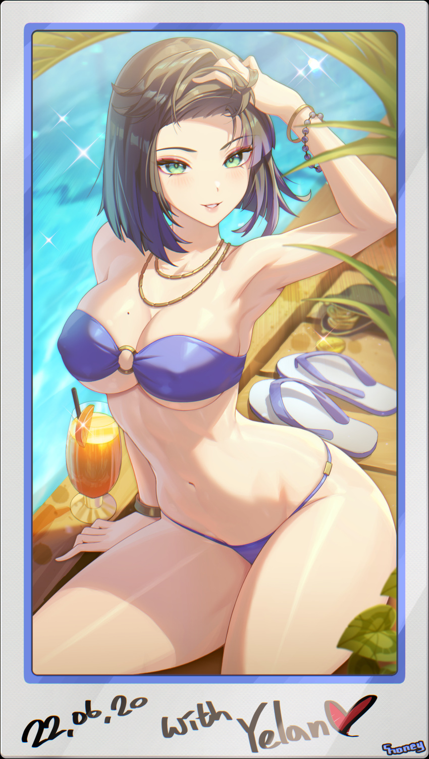 1girl absurdres alternate_costume arm_support arm_up armpits artist_name bangle bare_arms bikini blue_bikini bracelet breasts c.honey character_name dark_blue_hair dated drink genshin_impact glass gradient_hair green_eyes hand_in_own_hair hand_on_own_head heart highres jewelry large_breasts leaf light_blush mole multicolored_hair navel necklace o-ring o-ring_bikini outdoors parted_lips poolside short_hair sitting slippers slippers_removed smile stomach strapless strapless_bikini summer sunlight swimsuit thighs yelan_(genshin_impact)