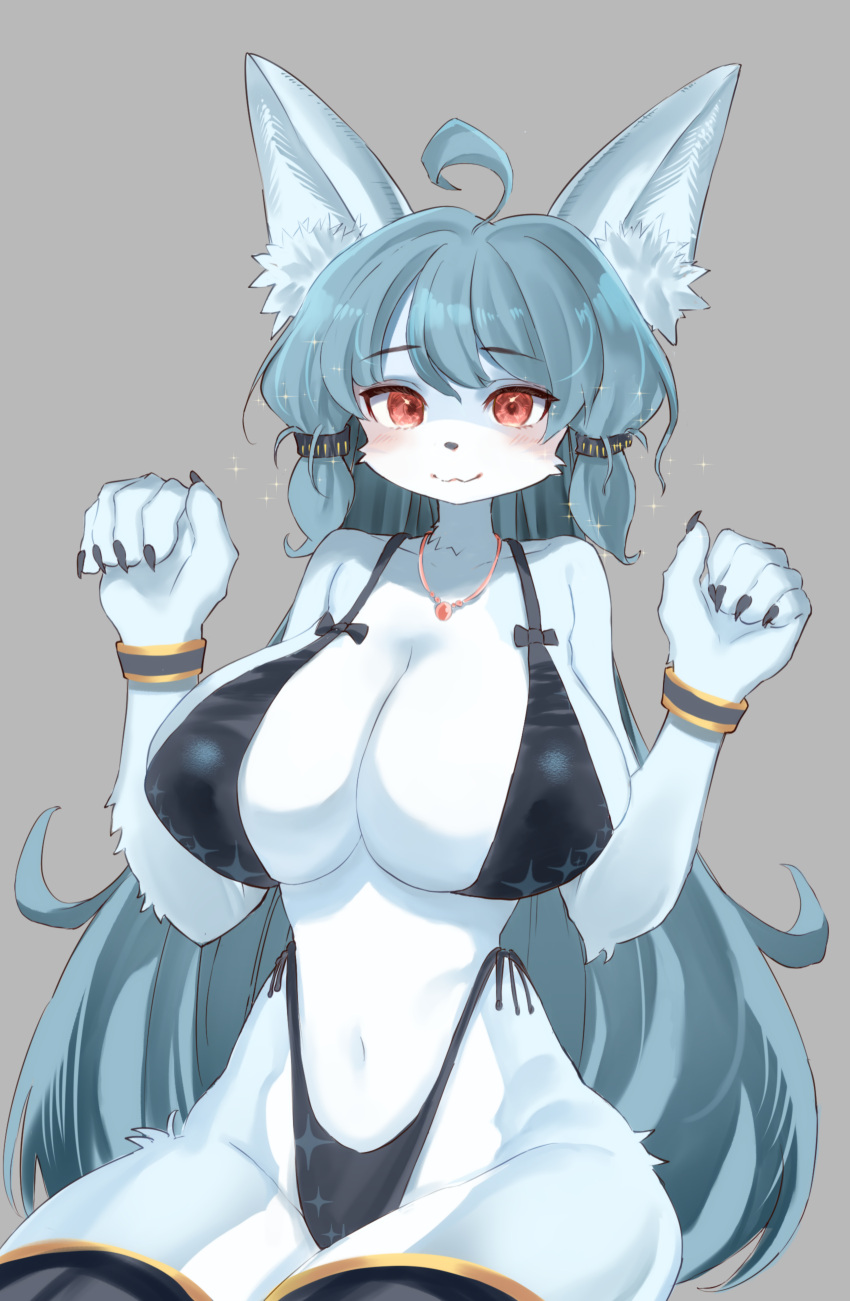 2022 5_fingers absurd_res ahoge anthro big_breasts bikini blue_body blue_fur blue_hair blush breasts canid canine claws cleavage clothed clothing female finger_claws fingers fur hair hi_res kemono long_hair looking_at_viewer mammal multicolored_body multicolored_fur nipple_outline passionpit777 red_eyes solo swimwear two_tone_body two_tone_fur white_body white_fur