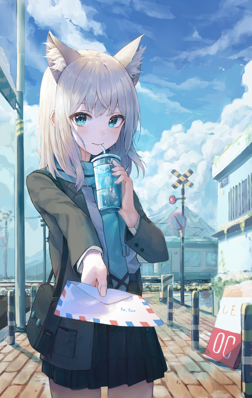 1girl absurdres animal_ears bag bangs blue_archive blue_eyes blue_scarf blue_sky blurry cloud cloudy_sky cup depth_of_field disposable_cup drink drinking_straw drinking_straw_in_mouth dual_wielding english_commentary english_text eyebrows_visible_through_hair giving hair_between_eyes highres holding holding_cup holding_letter holding_paper letter long_sleeves looking_at_viewer mountainous_horizon paper plaid plaid_skirt pleated_skirt railroad_crossing railroad_crossing_ahead_sign railroad_tracks scarf school_bag school_uniform shiroko_(blue_archive) short_hair shoulder_bag sidelocks simo_(user_fshg3833) skirt sky smile solo white_hair wolf_ears