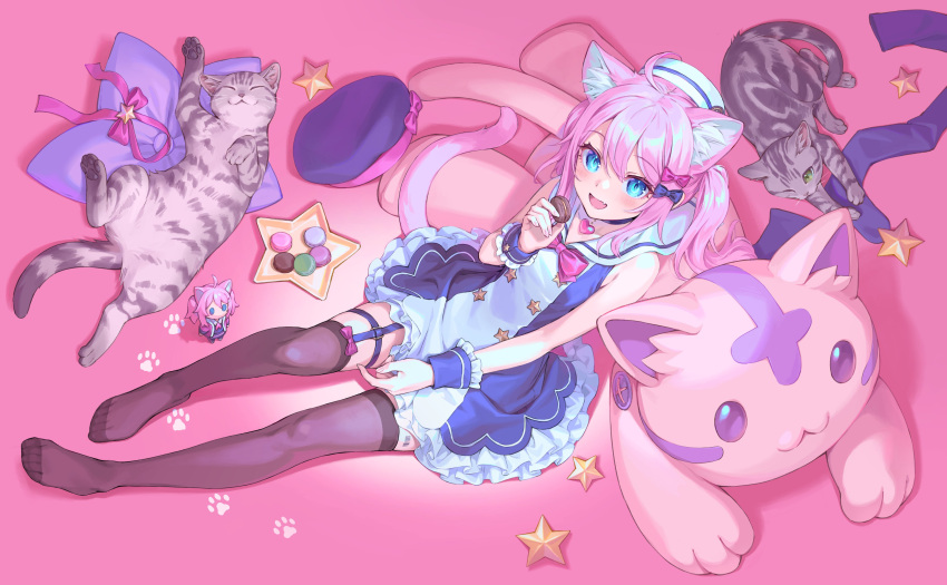 1girl absurdres ahoge animal animal_ears blue_eyes cat cat_ears cat_tail cuffs cushion doll fang food from_above garter_straps hair_ornament hat highres indie_virtual_youtuber macaron mawata_spica open_mouth paw_print pink_hair plate ribbon school_uniform serafuku skirt solo tail thighhighs tunapon01 twintails