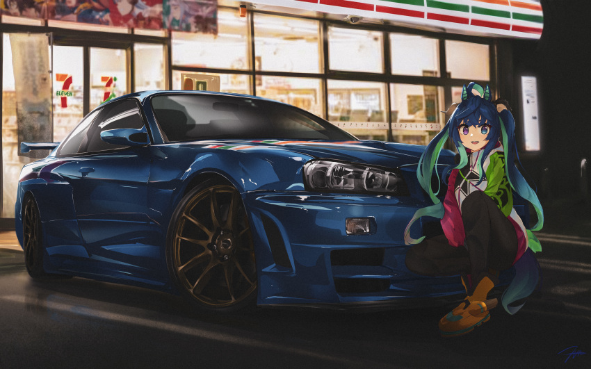 1girl 7-eleven :d absurdres ahoge animal_ears black_legwear blue_eyes blue_hair car commentary english_commentary ground_vehicle heterochromia highres horse_ears horse_girl horse_tail jacket long_hair long_sleeves looking_at_viewer motor_vehicle multicolored_hair nissan nissan_skyline_gt-r nougat_(73r1r1) pantyhose posture_request purple_eyes sharp_teeth signature sitting smile solo tail teeth twin_turbo_(umamusume) twintails umamusume vehicle_focus yellow_footwear