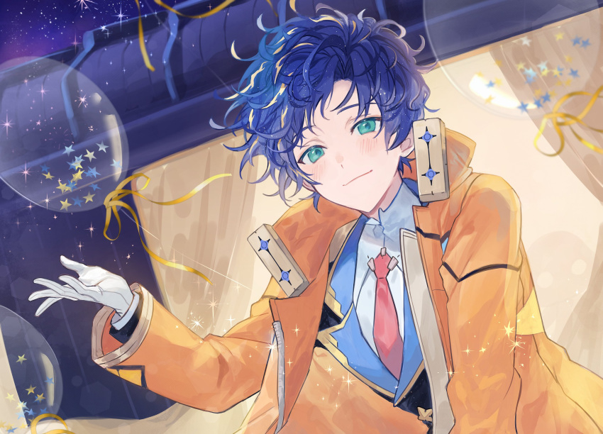 1boy astel_leda balloon blonde_hair blue_hair coat english_commentary gloves green_eyes hair_ornament highres holostars lapel_pin lightning_bolt_hair_ornament lightning_bolt_symbol multicolored_hair necktie riri_zuran sky solo star_(sky) starry_sky streaked_hair virtual_youtuber yellow_coat