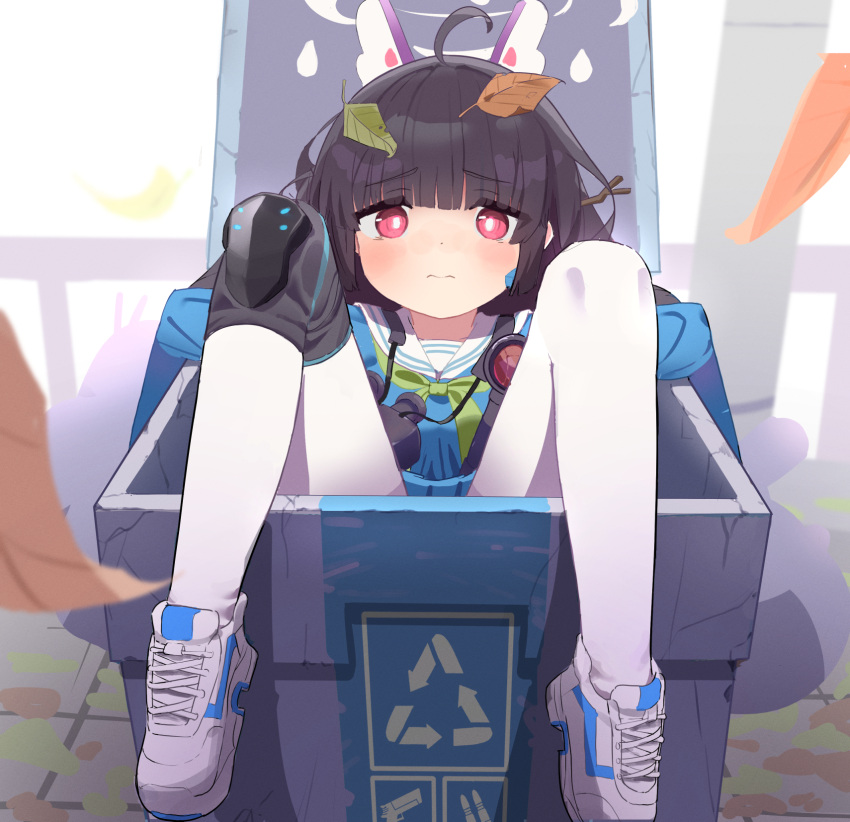 1girl ahoge arrow_(symbol) bangs binoculars black_hair blue_archive blue_serafuku blue_shirt blue_skirt closed_mouth eyebrows_visible_through_hair green_neckerchief halo headgear highres hub_(havu_obi) in_container knee_pads leaf leaf_on_head long_hair looking_at_viewer miyu_(blue_archive) neckerchief pantyhose pleated_skirt recycling_symbol red_eyes sailor_collar school_uniform serafuku shirt shoes single_knee_pad skirt solo trash_can wavy_mouth white_footwear white_legwear white_sailor_collar