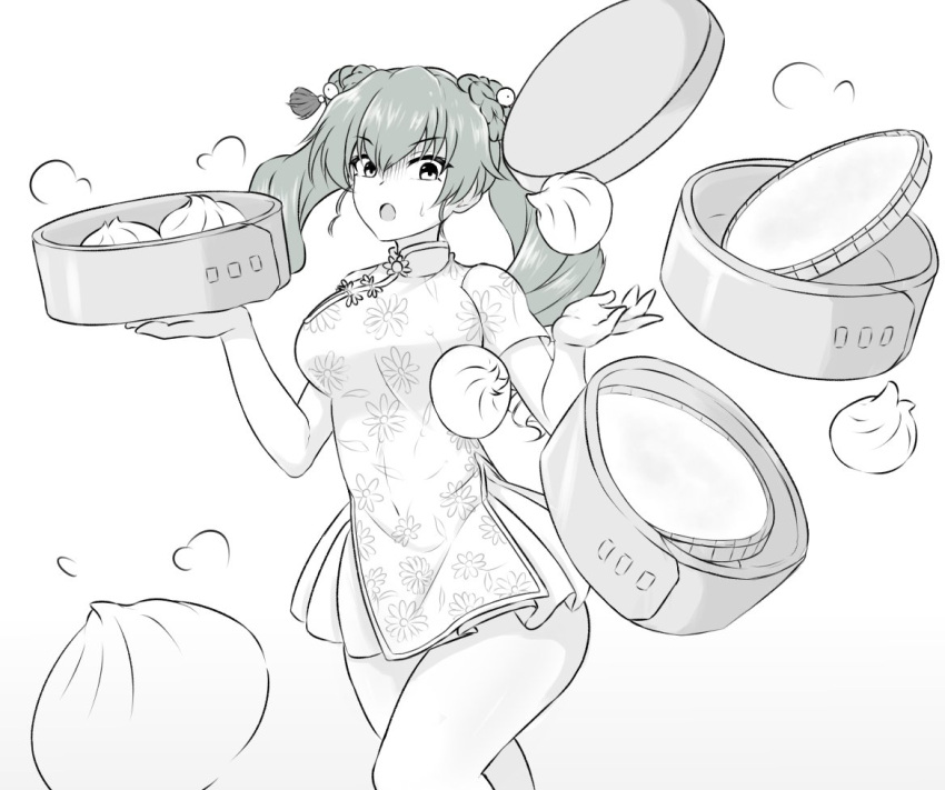 1girl :o alternate_costume anchovy_(girls_und_panzer) armorganger china_dress chinese_clothes commentary_request dim_sum dress drill_hair eyebrows_visible_through_hair food girls_und_panzer green_hair holding holding_food korean_commentary long_hair muted_color partially_colored simple_background solo twin_drills twintails white_background yellow_eyes