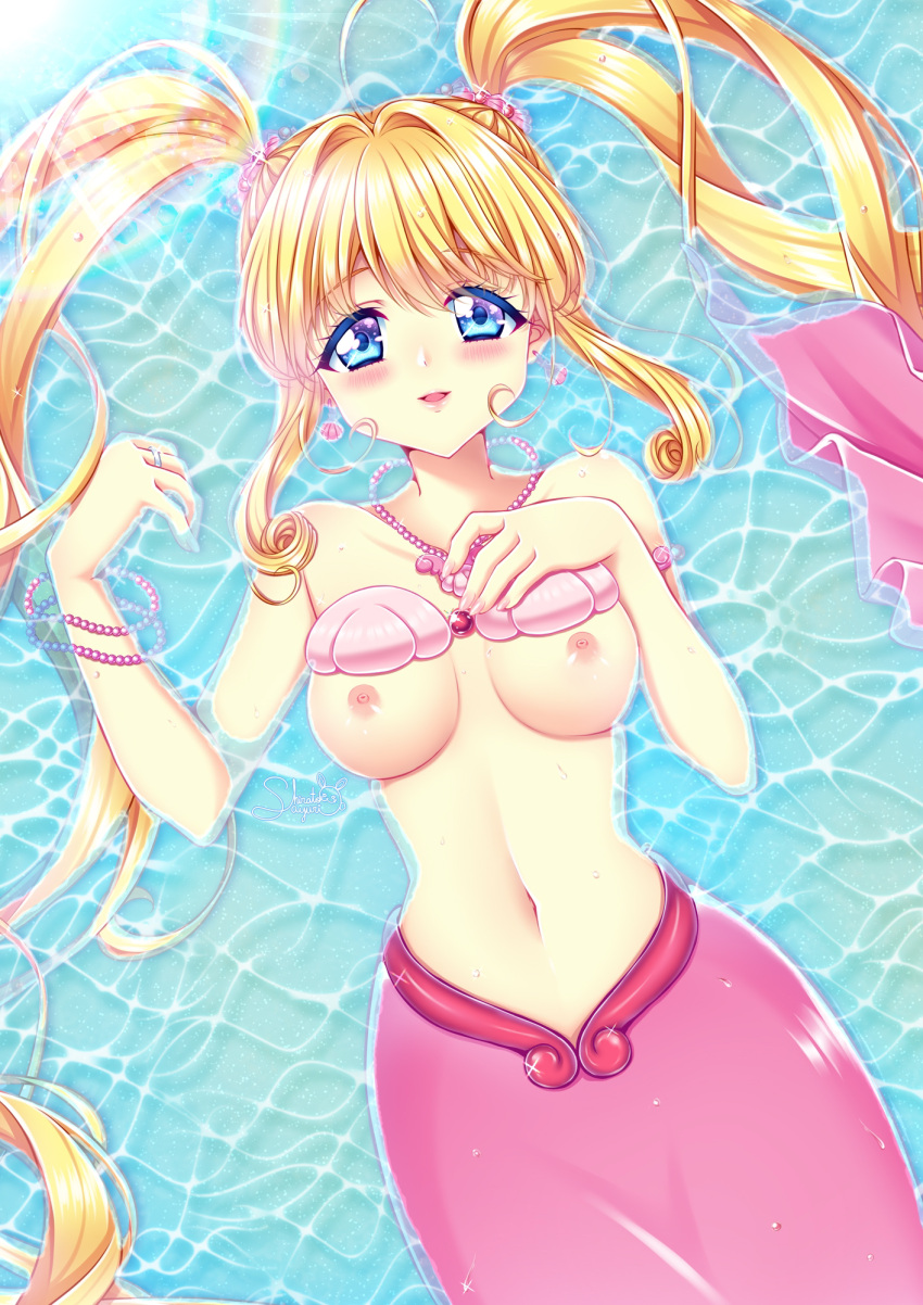 1girl blonde_hair blue_eyes blush bracelet breasts collarbone commission groin highres jewelry large_breasts long_hair looking_at_viewer lying mermaid mermaid_melody_pichi_pichi_pitch monster_girl nanami_lucia navel necklace nipples nude ocean open_mouth pearl_bracelet pearl_necklace ring shell shell_bikini shirato_sayuri skeb_commission smile solo stomach sunlight twintails