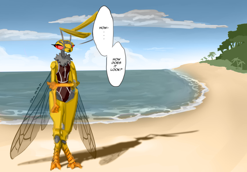 antennae_(anatomy) anthro arthropod beach clothing cloud colrin_(artist) day dialogue english_text female hara_(colrin) hi_res hymenopteran insect mandibles neck_tuft one-piece_swimsuit outside plant red_eyes seaside solo standing swimwear text tree tuft wasp water wings