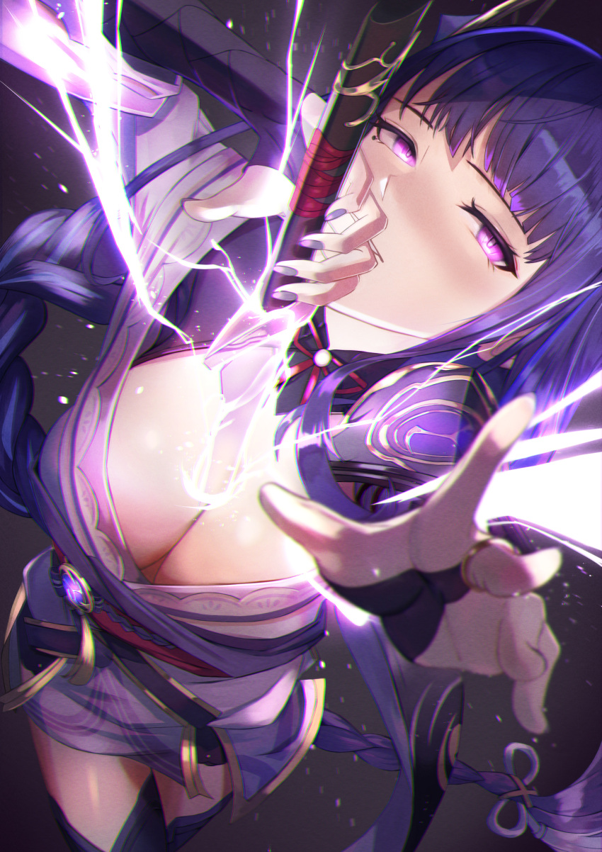 1girl announ_(kurotya) bangs bare_shoulders between_breasts braid braided_ponytail breasts bridal_gauntlets cleavage detached_collar drawing_sword electricity genshin_impact hair_ornament highres holding holding_sword holding_weapon human_scabbard japanese_clothes katana kimono large_breasts long_hair long_sleeves looking_at_viewer musou_isshin_(genshin_impact) obi off_shoulder outstretched_arm purple_eyes purple_hair purple_kimono purple_legwear raiden_shogun sash solo sword thighhighs thighs weapon wide_sleeves