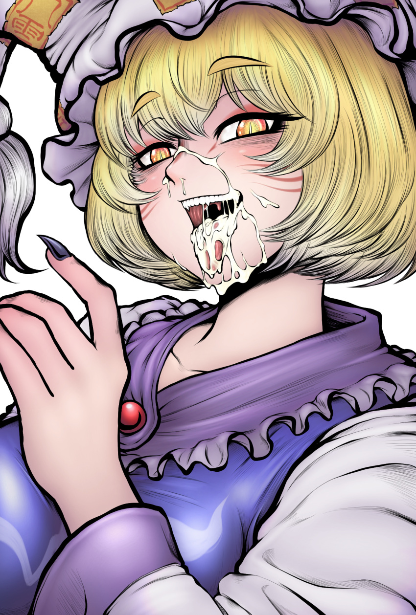 1girl bangs black_outline blonde_hair blush breasts commentary_request cum cum_in_mouth dress facial hat highres large_breasts long_sleeves looking_at_viewer miazuma_sarin open_mouth orange_eyes outline pillow_hat saliva short_hair simple_background slit_pupils solo tabard teeth tongue tongue_out touhou upper_body white_background white_dress white_headwear yakumo_ran