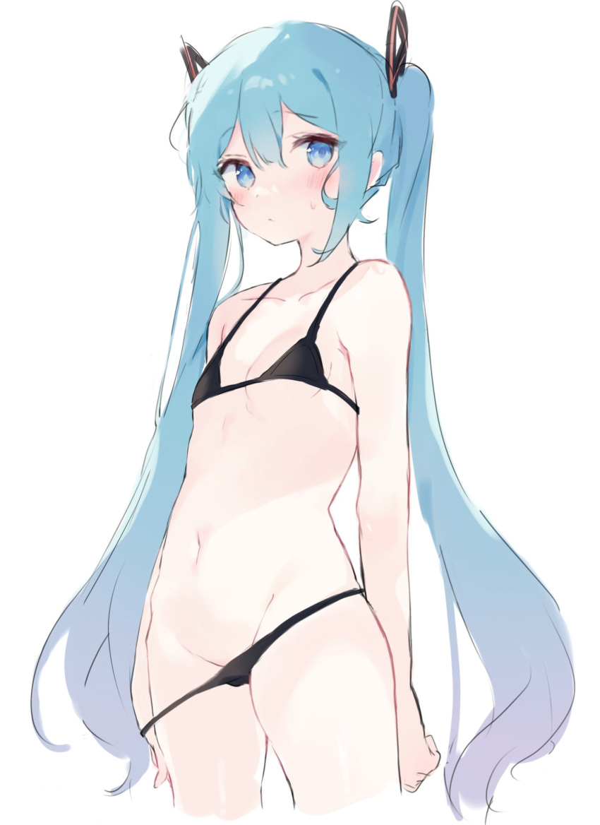 1girl ahoge arm_at_side arm_behind_back bangs bikini bikini_pull black_bikini blue_eyes blue_hair blush breasts clothes_pull cowboy_shot groin hair_ornament hatsune_miku highres long_hair looking_at_viewer navel o_(jshn3457) simple_background sketch small_breasts sweat swimsuit twintails very_long_hair vocaloid white_background