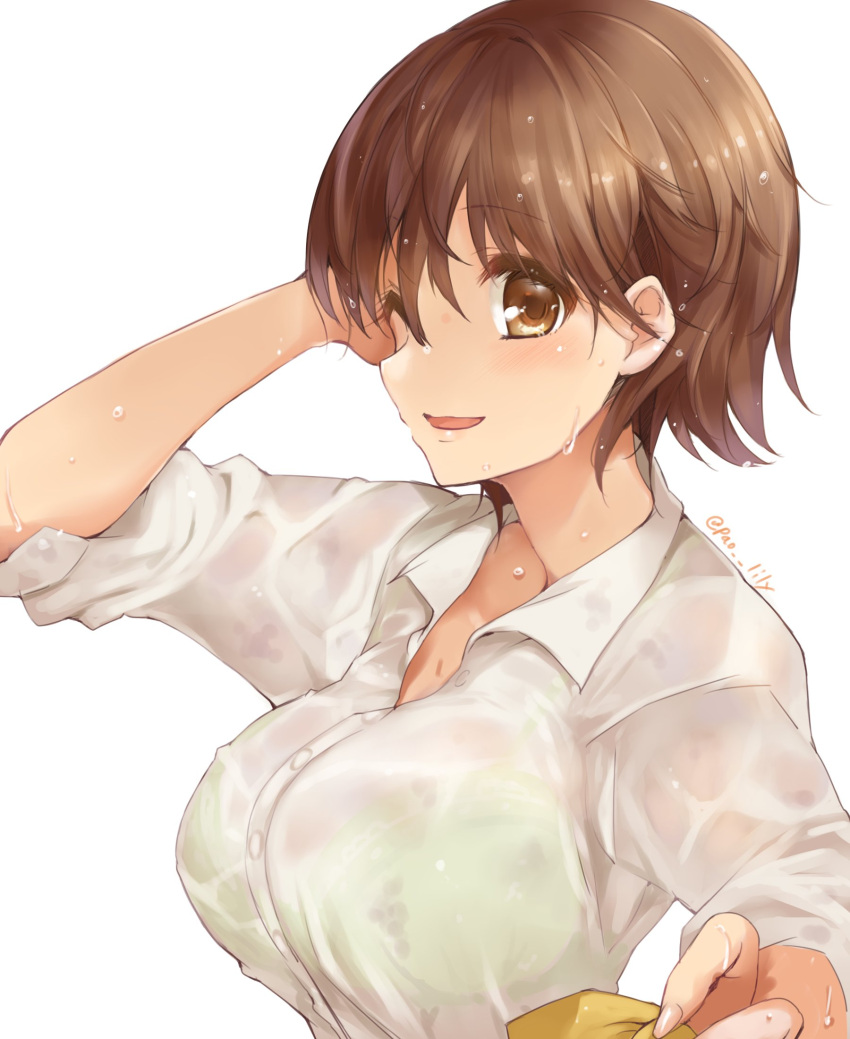 1girl ;d blush bra bra_visible_through_clothes breasts brown_hair green_bra highres honda_mio idolmaster idolmaster_cinderella_girls large_breasts looking_at_viewer one_eye_closed open_collar paopao short_hair simple_background smile solo underwear upper_body water_drop wet wet_clothes wet_hair white_background