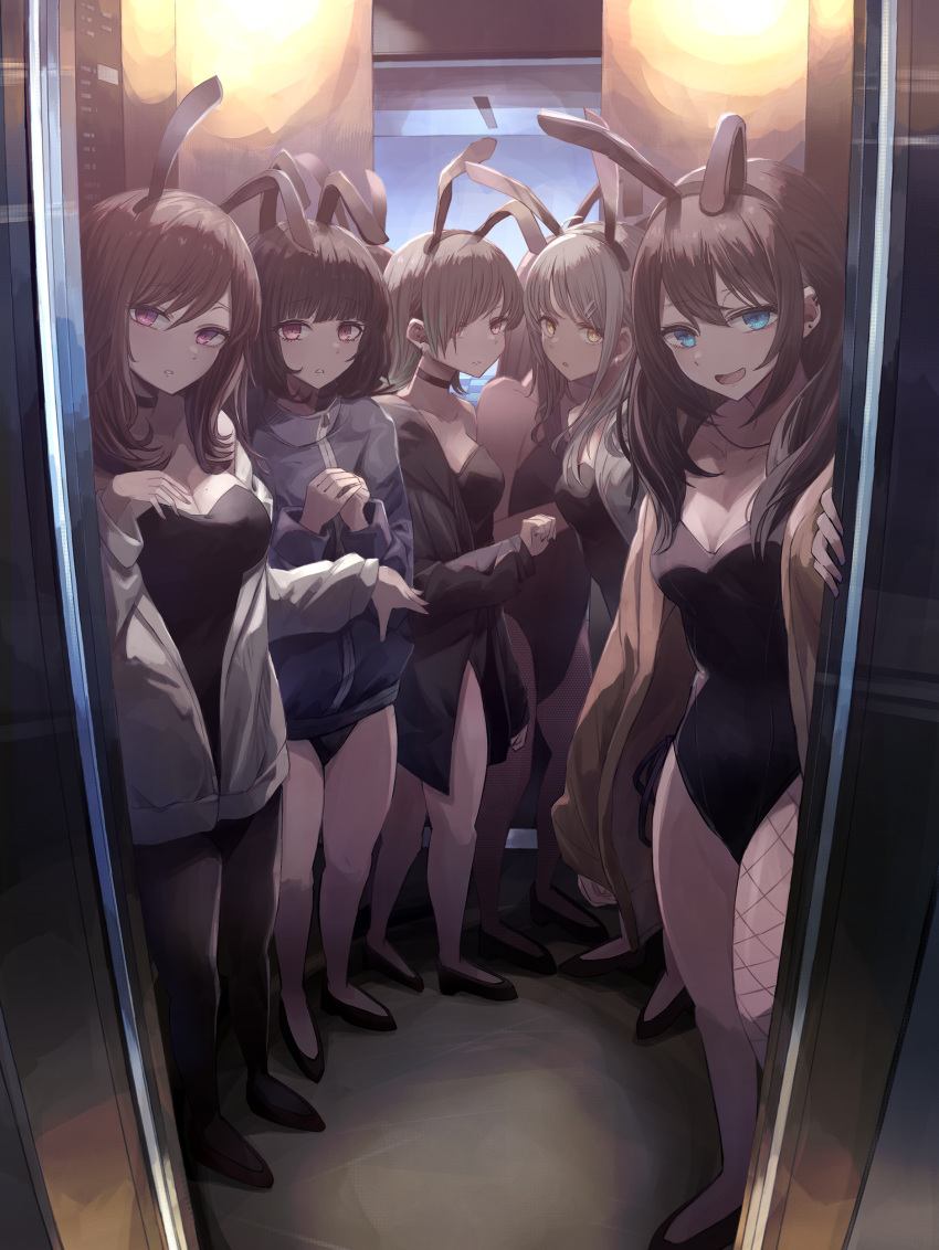 5girls absurdres animal_ears bangs black_hair blue_eyes blunt_bangs breasts brown_hair choker cleavage elevator fake_animal_ears fishnet_legwear fishnets full_body hair_between_eyes hair_over_one_eye highres indoors leotard light_brown_hair long_hair long_sleeves looking_at_viewer medium_breasts miyabino_(miyabi1616) multiple_girls open_mouth original pink_eyes playboy_bunny rabbit_ears short_hair standing sweater swept_bangs yellow_eyes