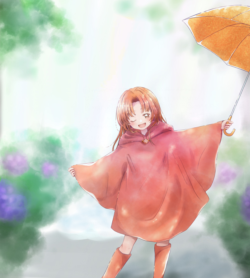 1girl absurdres blush dorara9002 flower highres hime_cut hydrangea long_hair looking_at_viewer mermaid_melody_pichi_pichi_pitch one_eye_closed open_mouth orange_eyes orange_hair orange_umbrella plant puddle rain_boots raincoat seira_(mermaid_melody_pichi_pichi_pitch) shell_necklace smile solo umbrella