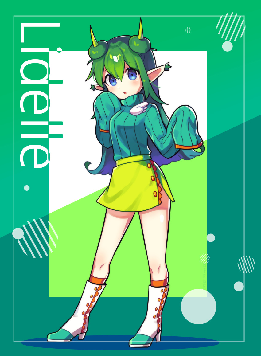 1girl absurdres alternate_costume blue_eyes blue_sweater blush boots character_name green_hair green_skirt high_heel_boots high_heels highres knee_boots lidelle_(puyopuyo) long_hair looking_at_viewer offbeat older parted_lips puyopuyo ribbed_sweater skirt sleeves_past_wrists solo sweater turtleneck turtleneck_sweater white_footwear