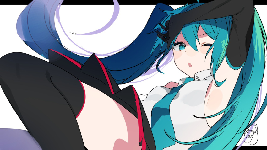 1girl aqua_eyes aqua_hair aqua_necktie armpits bare_shoulders black_gloves black_legwear black_skirt blue_hair blush blush_stickers cha_sakura elbow_gloves eyebrows_visible_through_hair gloves hatsune_miku highres long_hair multicolored_hair necktie one_eye_closed open_mouth purple_hair signature skirt solo thighhighs twintails very_long_hair vocaloid