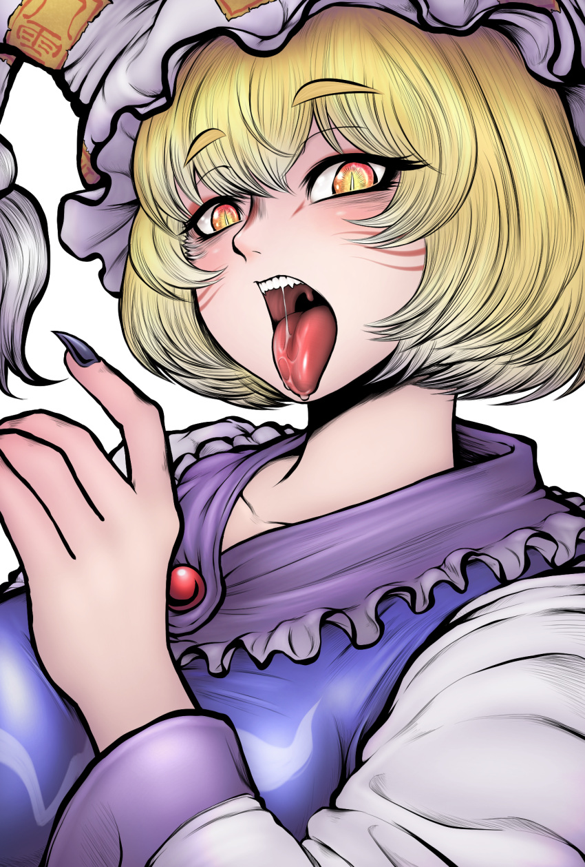 1girl bangs black_outline blonde_hair blush breasts commentary_request dress hat highres large_breasts long_sleeves looking_at_viewer miazuma_sarin open_mouth orange_eyes outline pillow_hat saliva short_hair simple_background slit_pupils solo tabard teeth tongue tongue_out touhou upper_body white_background white_dress white_headwear yakumo_ran