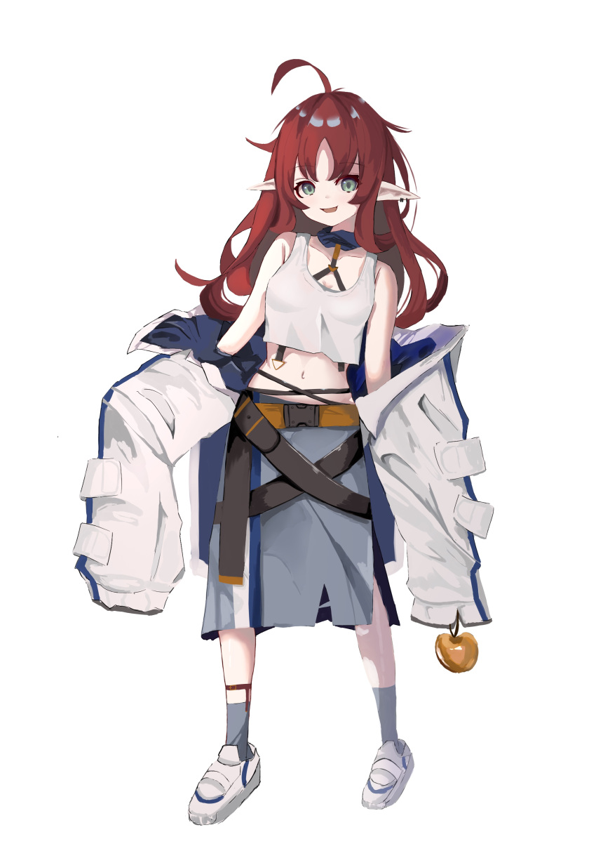 1girl absurdres ahoge apple arknights belt_buckle breasts buckle ear_piercing food fruit full_body golden_apple green_eyes grey_legwear grey_skirt highres holding holding_food holding_fruit jacket long_hair long_skirt midriff myrtle_(arknights) navel nui_(nuinui0300) off_shoulder open_clothes open_jacket open_mouth piercing pointy_ears red_hair shoes simple_background skirt sleeves_past_fingers sleeves_past_wrists small_breasts smile socks solo standing tachi-e tank_top wavy_hair white_background white_footwear white_jacket white_tank_top