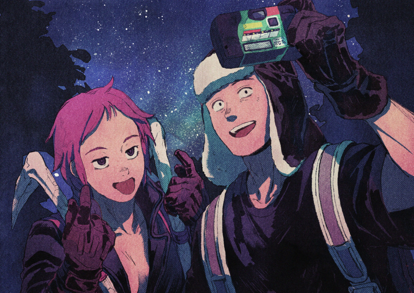1boy 1girl :d :p backpack bag bangs beckoning black_gloves black_shirt breasts camera cleavage dorohedoro ebisu_(dorohedoro) fujita_(dorohedoro) gloves hand_up hands_up hat highres holding holding_camera iwamushi long_sleeves night night_sky portrait purple_hair scythe shirt short_sleeves shorts sky smile star_(sky) starry_sky t-shirt taking_picture tongue tongue_out upper_body weapon