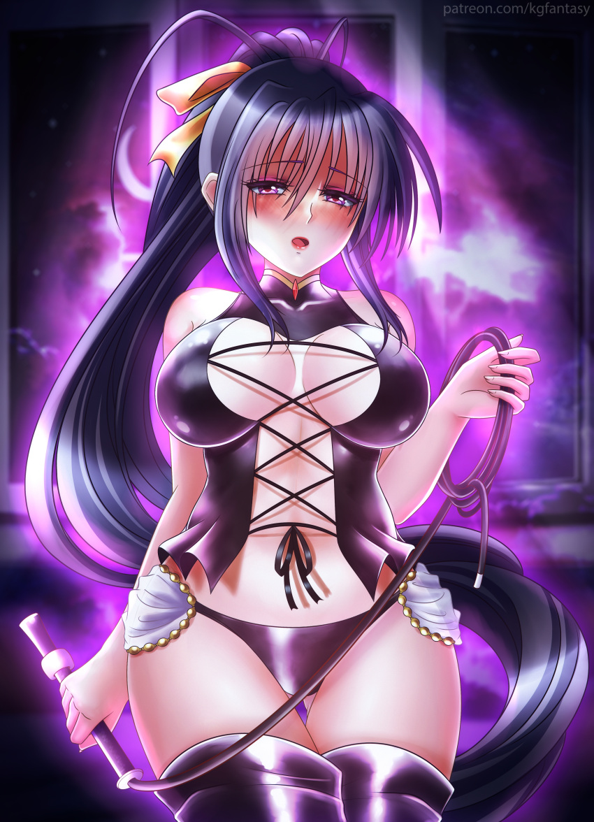 1girl absurdres artist_name bangs bdsm black_hair blush bodysuit bondage_outfit boots breasts commentary deviantart_username femdom hair_between_eyes hair_ribbon high_heel_boots high_heels high_school_dxd highres himejima_akeno holding holding_staff holding_whip kgfantasy large_breasts latex latex_bodysuit long_hair looking_at_viewer open_mouth panties patreon_username ponytail purple_eyes ribbon signature solo staff standing thighhighs twitter_username underwear very_long_hair watermark web_address whip yellow_ribbon