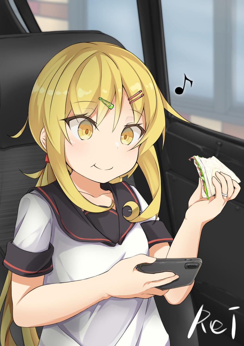 blonde_hair car_interior cellphone collarbone crescent crescent_pin eating etsuransha_no_rei food hair_ornament hairclip highres holding holding_phone holding_sandwich jewelry kantai_collection musical_note phone ring sailor_collar sandwich satsuki_(kancolle) shirt short_sleeves smartphone twintails wedding_band white_shirt yellow_eyes