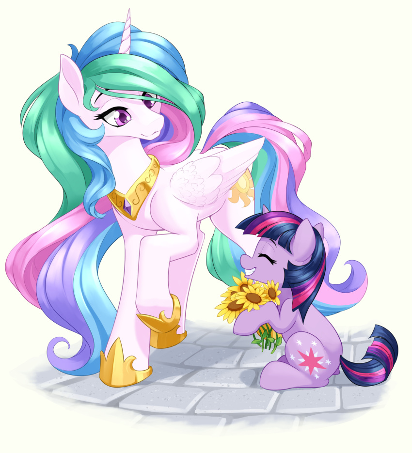 2022 cutie_mark dstears duo equid equine eyelashes eyes_closed feathered_wings feathers female feral flower friendship_is_magic hair hasbro hi_res holding_flower holding_object hooves horn mammal multicolored_hair multicolored_tail my_little_pony plant princess_celestia_(mlp) purple_eyes smile sunflower twilight_sparkle_(mlp) unicorn winged_unicorn wings young