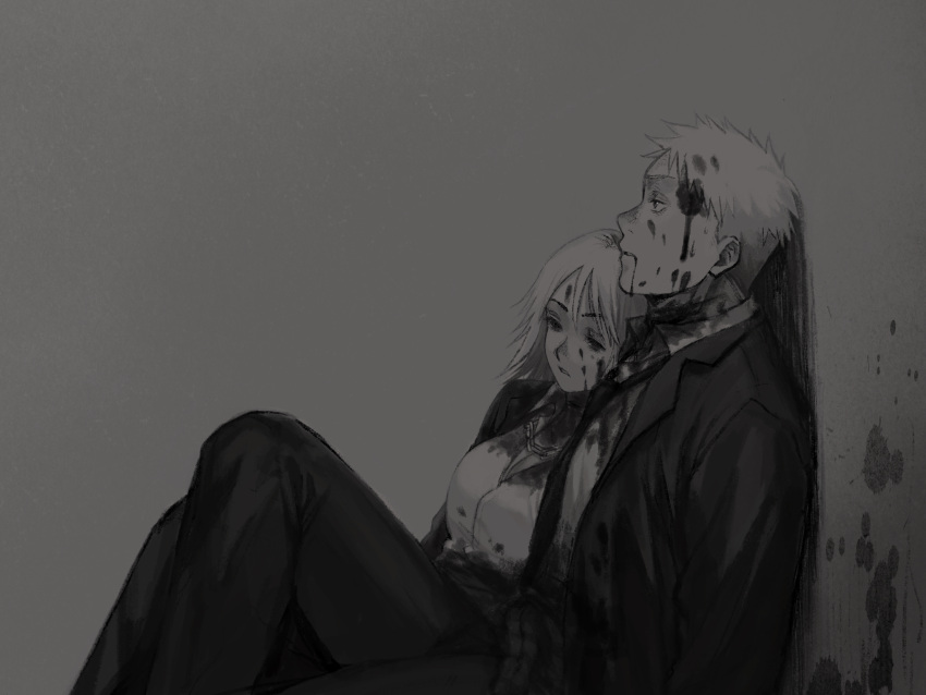 1boy 1girl against_wall bleeding blood blood_from_mouth blood_on_clothes blood_on_face blood_splatter breasts cleavage collared_shirt dorohedoro dying empty_eyes formal greyscale highres injury jacket jewelry ki_(mxxxx) knee_up large_breasts leaning_on_person leaning_to_the_side long_hair long_sleeves looking_away monochrome necklace necktie noi_(dorohedoro) pants parted_lips profile shin_(dorohedoro) shirt short_hair simple_background sitting suit