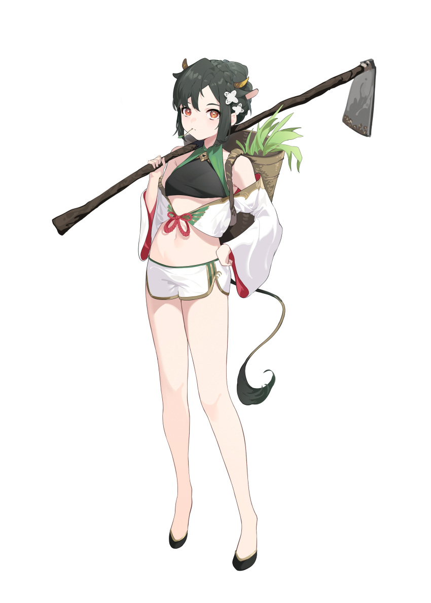 1girl absurdres animal_ears armpits backpack bag bare_legs bare_shoulders black_hair black_shirt braid breasts cow_ears cow_girl cow_horns cow_tail crop_top flats full_body gold_trim hand_on_hip highres holding horns linnnp long_hair long_sleeves looking_at_viewer midriff navel off_shoulder original revealing_clothes shirt short_shorts shorts sleeveless sleeveless_shirt small_breasts solo stomach tail thighs white_shirt white_shorts wide_sleeves