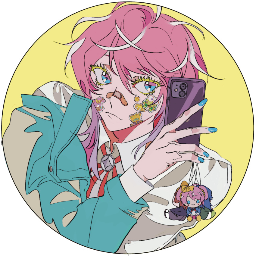 1boy amemura_ramuda bandaid bandaid_on_face bandaid_on_nose bangs blue_eyes blue_nails cellphone cellphone_charm charm_(object) closed_mouth colored_eyelashes heart heart-shaped_pupils highres holding holding_phone hypnosis_mic long_sleeves nail_polish neck_ribbon phone pink_hair red_ribbon reichio ribbon shirt short_hair sidelocks smartphone sticker_on_face symbol-only_commentary symbol-shaped_pupils white_shirt yellow_background