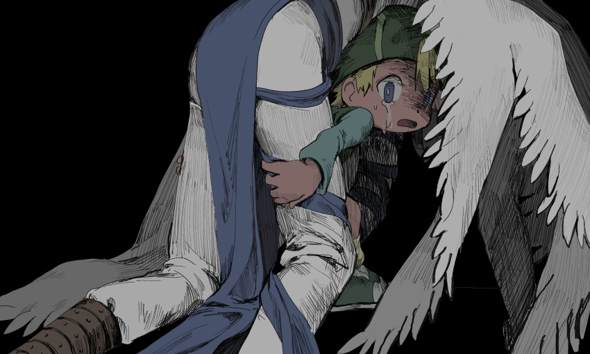 2boys angel angemon black_background blue_eyes brown_footwear crying digimon digimon_(creature) from_behind green_footwear green_headwear highres implied_death jacket multiple_boys open_mouth pants shoes short_hair simple_background takaishi_takeru tantanmen tears white_jacket white_pants wings