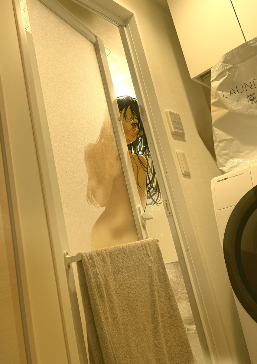1girl bathroom black_hair blush commentary_request completely_nude copyright_request door embarrassed highres indoors lamp light_switch long_hair looking_at_viewer miyajima_reiji nose_blush nude open_mouth peeking_out photo_background realistic red_eyes solo steam towel translucent washing_machine