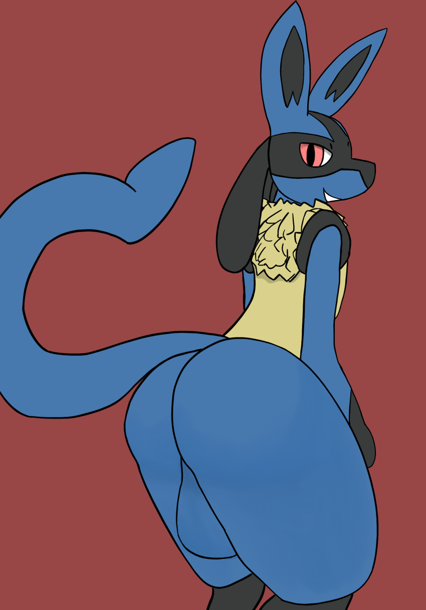 anthro balls butt butt_focus chest_tuft fur genitals hi_res looking_at_viewer lucario male mammal nintendo nude pok&eacute;mon pok&eacute;mon_(species) presenting presenting_balls presenting_hindquarters rear_view simple_background smile solo swoomy tuft video_games