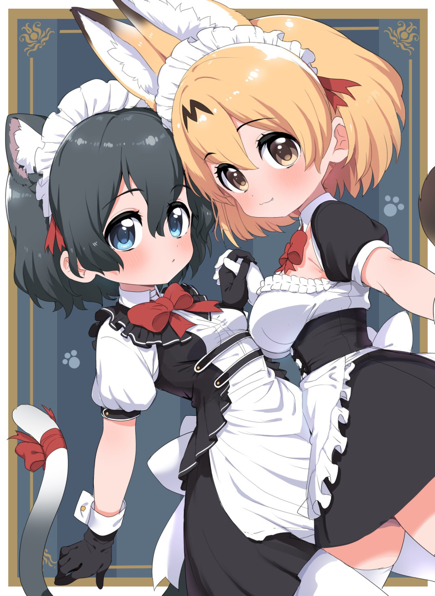 2girls :3 alternate_costume animal_ears apron black_dress black_gloves black_hair blonde_hair blue_eyes blush bow bowtie cat_ears cat_girl cat_tail closed_eyes collared_dress dress elbow_gloves enmaided extra_ears fang gloves highres holding_hands kaban_(kemono_friends) kemono_friends kemonomimi_mode maid maid_apron maid_headdress matching_outfit multiple_girls puffy_short_sleeves puffy_sleeves ransusan red_bow red_bowtie serval_(kemono_friends) short_hair short_sleeves tail tail_bow tail_ornament thighhighs white_apron white_gloves white_legwear yellow_eyes zettai_ryouiki