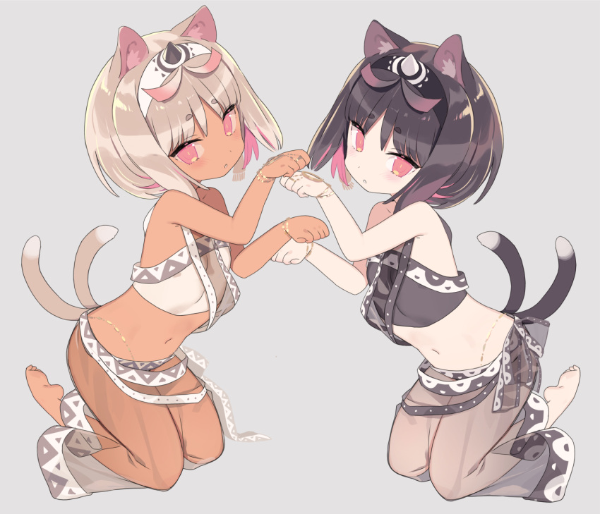 2girls animal_ears bangs bare_shoulders barefoot black_hair blade_(galaxist) breasts cat_ears cat_girl cat_tail character_request commentary_request dark-skinned_female dark_skin grey_background grey_hair highres kneeling multicolored_hair multiple_girls multiple_tails navel nekoyama_nae pants paw_pose pink_eyes pink_hair see-through short_eyebrows simple_background small_breasts soles tail thick_eyebrows toranoana two-tone_hair two_tails virtual_youtuber