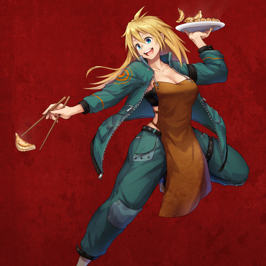 1girl absurdres apron bangs blonde_hair blue_jacket blue_pants breasts brown_apron chopsticks dorohedoro dumpling feet_out_of_frame food hair_between_eyes hand_up highres holding holding_chopsticks holding_plate ikoi_(locker-neo) jacket jiaozi large_breasts long_hair looking_away looking_to_the_side nikaidou_(dorohedoro) open_clothes open_jacket open_mouth outstretched_arm pants plate red_background smile solo standing standing_on_one_leg strapless tube_top unzipped