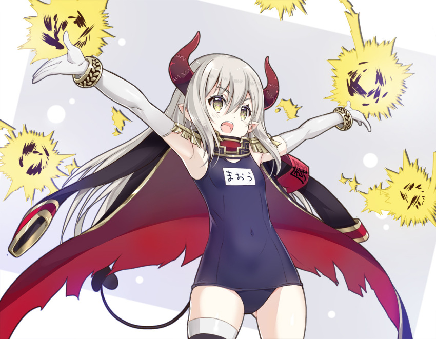1girl arms_up bangs blush bracelet breasts commentary covered_navel cowboy_shot curled_horns demon_girl demon_horns demon_tail elbow_gloves emma_august epaulettes gloves grey_hair hair_between_eyes horns jacket jacket_on_shoulders jewelry long_hair looking_away name_tag nijisanji nyoro_(nyoronyoro000) old_school_swimsuit one-piece_swimsuit open_mouth pointy_ears red_horns school_swimsuit sidelocks single_thighhigh small_breasts solo swimsuit tail teeth thighhighs upper_teeth virtual_youtuber white_gloves yellow_eyes