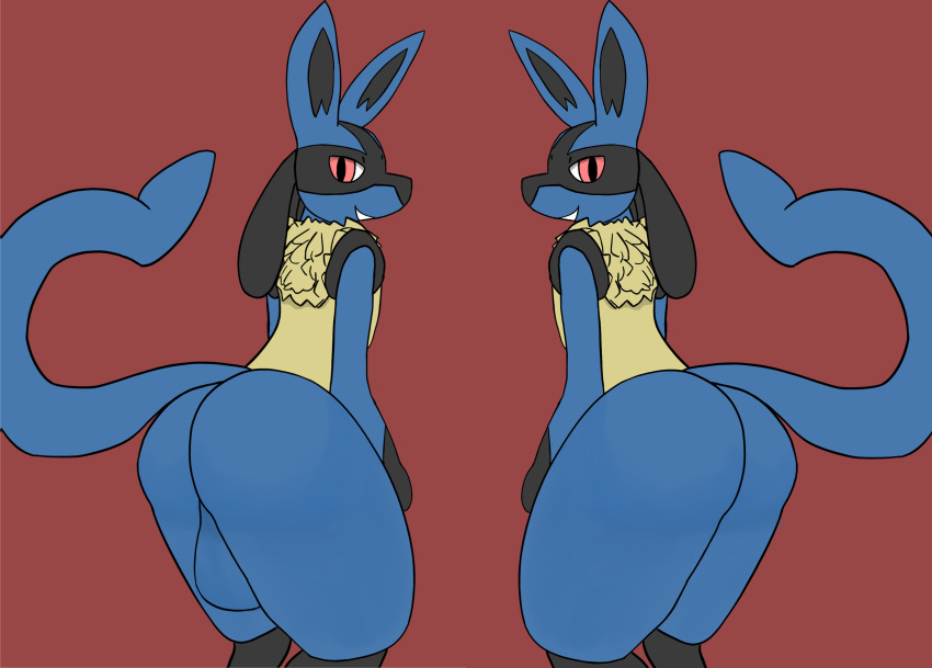 absurd_res anthro balls butt butt_focus canid duo female fur genitals hi_res looking_at_viewer lucario male male/female mammal nintendo nude pok&eacute;mon pok&eacute;mon_(species) presenting presenting_balls presenting_hindquarters rear_view simple_background smile swoomy video_games