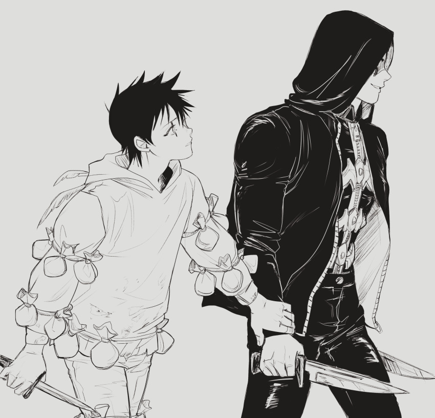 2boys absurdres antennae arm_at_side armor arms_at_sides bangs combat_knife cowboy_shot dagger dokuga dorohedoro drawstring dual_wielding facial_mark florbetriz from_side greyscale highres holding holding_another's_wrist holding_knife hood hood_down hood_up hooded_jacket hoodie jacket kai_(dorohedoro) knife long_sleeves looking_at_another male_focus monochrome multiple_boys pants pouch profile shaded_face short_hair smirk walking weapon zipper