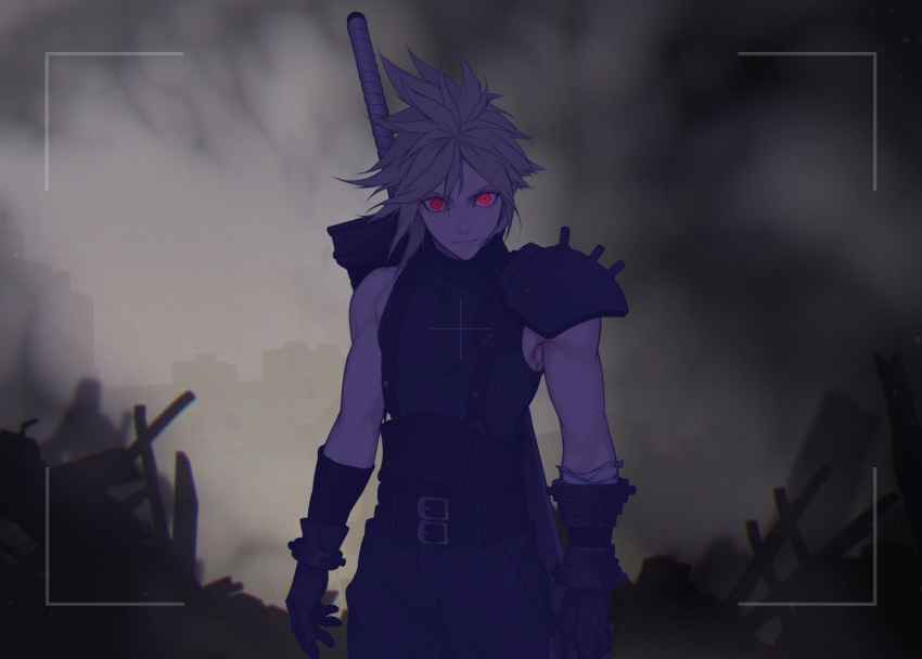 1boy armor bare_shoulders belt black_gloves blonde_hair building closed_mouth cloud_strife dark final_fantasy final_fantasy_vii gloves glowing glowing_eyes hair_between_eyes kiki_lala looking_at_viewer male_focus outdoors pauldrons post-apocalypse recording red_eyes rubble shoulder_armor silhouette single_bare_shoulder single_pauldron smoke solo spiked_hair standing sword weapon weapon_on_back
