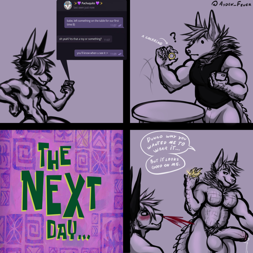 accessory ambiguous_gender andromorph anthro anubian_jackal ayden_(character) ayden_feuer balls big_balls big_penis blood bodily_fluids canid canine canis clothing cock_ring comic crocodilian dialogue dialogue_box genitals hi_res himbo huge_balls huge_penis humanoid_genitalia humanoid_penis hybrid intersex intersex/male jackal jewelry kadoo male male/male mammal monochrome monster muscular muscular_anthro muscular_intersex muscular_male nosebleed penis penis_accessory penis_jewelry pubes pubes_exposed reptile scalie simple_background solo speech_bubble text thick_thighs wolf