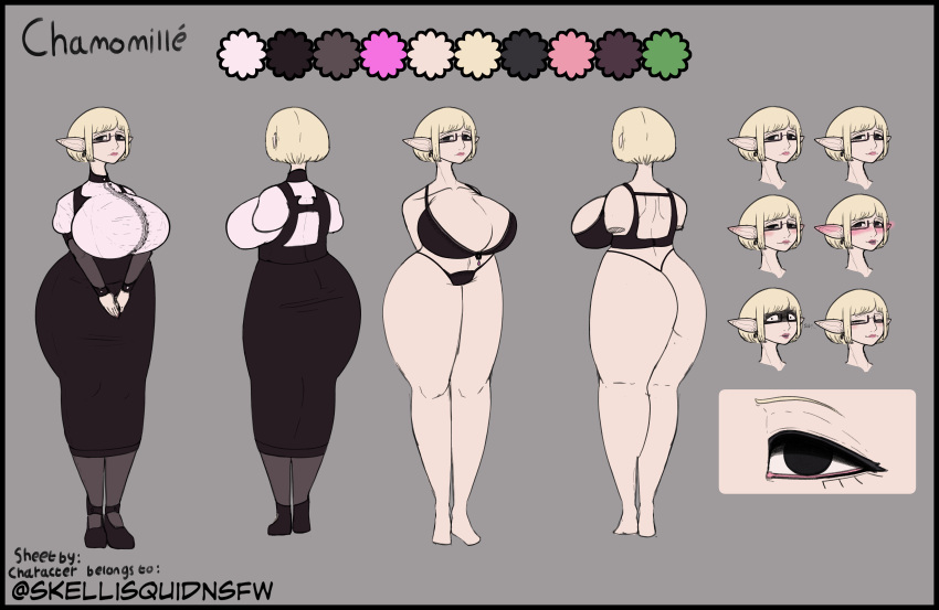 absurd_res big_breasts big_butt blush breasts butt clothing demon disability elf expression_sheet expressions eyewear female glasses hi_res humanoid librarian lingerie model_sheet office_clothing original_characters skellisquid solo straining_buttons straining_clothing tall taller_female thick_thighs wide_hips